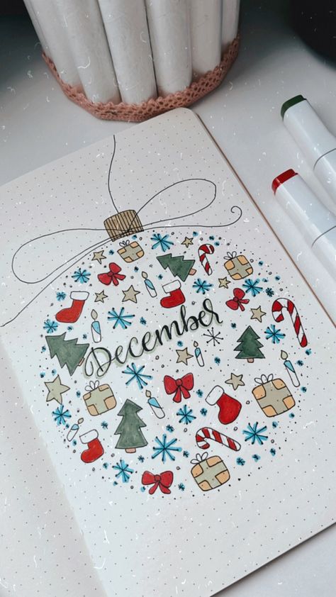 December Bujo Calendar, Bujo Collections Ideas, Bujo Christmas Theme, Habit Tracker Christmas, Christmas Habit Tracker, Bujo December Cover, December Planner Ideas, December Bujo Theme, December Bujo Cover Page