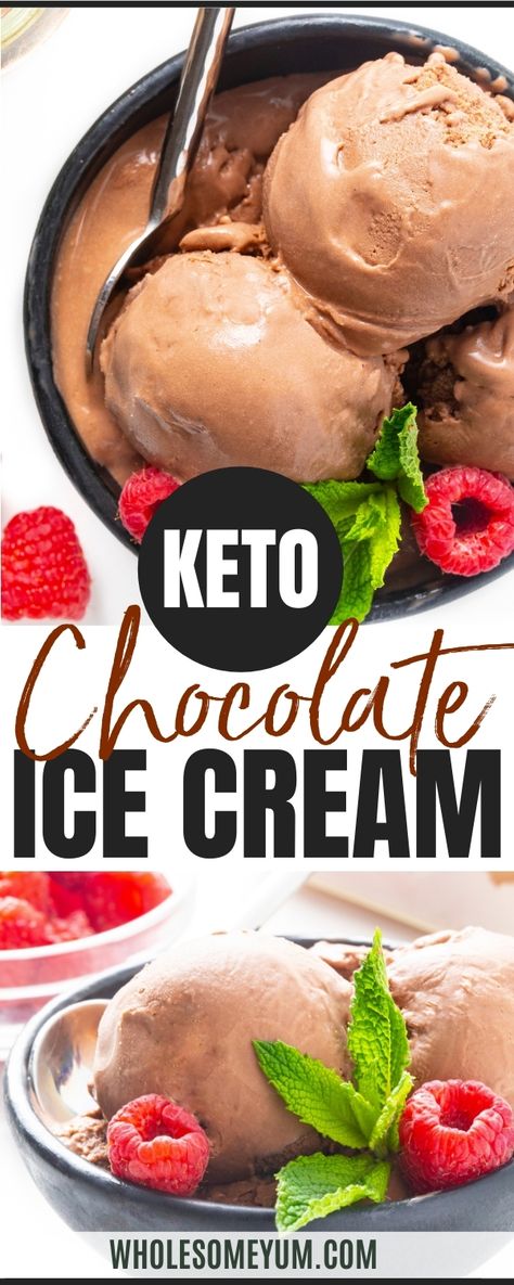 The BEST keto chocolate ice cream recipe! This 5-ingredient sugar free chocolate ice cream is rich, smooth, creamy, and won't harden in the freezer. #wholesomeyum Keto Chocolate Ice Cream, Keto Ice Cream Recipe, Fancy Ice Cream, Fancy Ice, Coconut Milk Ice Cream, Chocolate Ice Cream Recipe, Avocado Ice Cream, Easy Ice Cream Recipe, Chocolate Lasagna