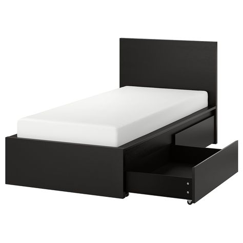 MALM High bed frame/2 storage boxes, black-brown/Luröy, Twin A clean design with solid wood veneer. Place the bed freestanding or with the headboard against a wall. You also get spacious storage boxes that roll out smoothly on castors. Malm Bed Frame, High Bed Frame, Malm Bed, High Bed, Tall Bed, High Beds, Steel Bed, Ikea Bed, Ikea Malm