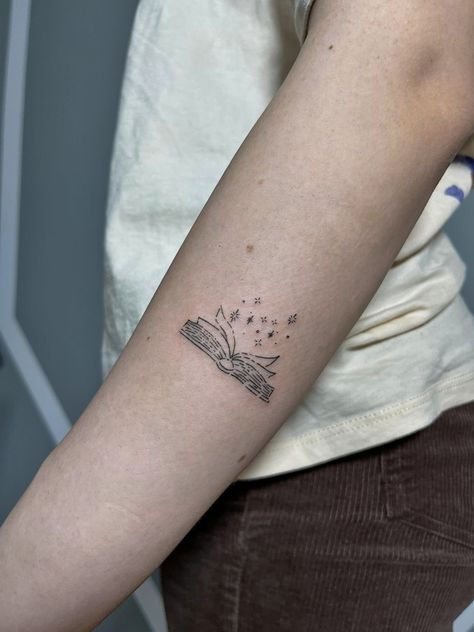 Music Book Tattoo, Book Tattoo Back Of Arm, Reading Lover Tattoo, Book And Space Tattoo, Fine Line Open Book Tattoo, Book Space Tattoo, Tattoo For Readers Book Lovers, Book Inspo Tattoo, Tattoo Open Book