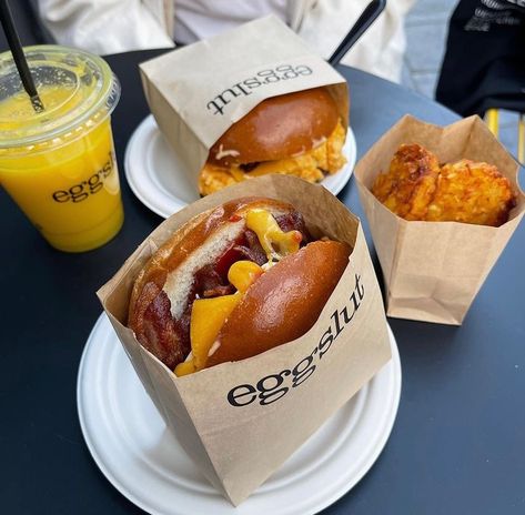 Eggslut Sandwich, Sandwich Truck, Egg Cheese Sandwich, Bacon Egg Cheese, Sandwich Packaging, Egg And Cheese Sandwich, Uk Food, Fresh Orange Juice, Bacon Egg And Cheese