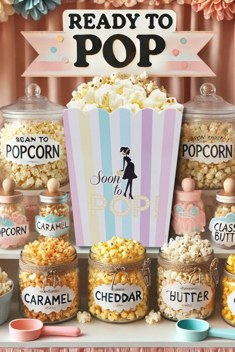 A baby shower popcorn bar decorated with pastel-colored “Soon to Pop” popcorn boxes. The setup includes jars of different popcorn flavors like caramel, cheddar, and butter, with a festive “Ready to Pop” sign. The colors and design create a whimsical and inviting look for a baby shower celebration. *Safe BeeSide Me may earn a small commission from your purchase. Popcorn Baby Shower Ideas, About To Pop Baby Shower Ideas, Ready To Pop Baby Shower Ideas, Types Of Popcorn, Baby Shower Popcorn, Fun Popcorn, Popcorn Theme, Chloe Elizabeth, Popcorn Favor