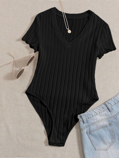 Negro Casual Collar manga corta Tela Liso camiseta Embellished Elástico Ligero Verano Comfy Jumpsuits, Ribbed Knit Bodysuit, V Neck Bodysuit, Knit Bodysuit, Knit Sleeve, Short Sleeve Bodysuit, Womens Bodysuit, Black Bodysuit, Anton