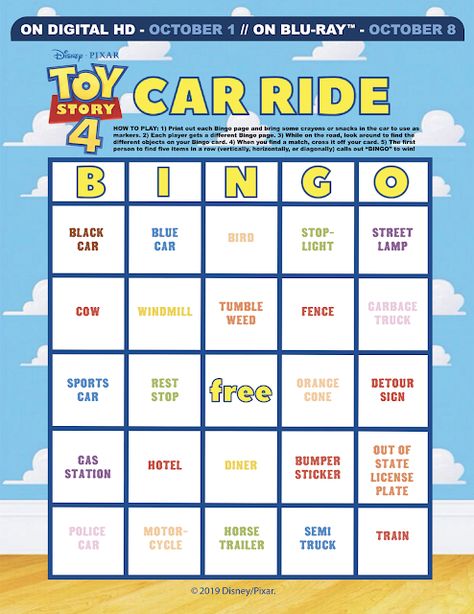 Car Ride Games, Car Bingo, Toy Story Printables, Family Road Trip, Woody And Buzz, Bingo Printable, Kindergarten First Day, Free Cars, Pixar Toys