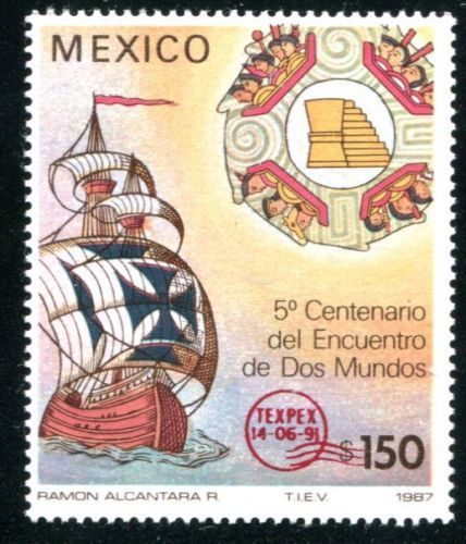 Timbre Postal Mexicano de 1987. Edición Limitada. Valor 150 Pesos. Columbus Ship, Mexican Pictures, Aztec Empire, Postage Stamp Design, Intricate Tattoo, Old Stamps, Love Stamps, Expressive Art, Post Stamp