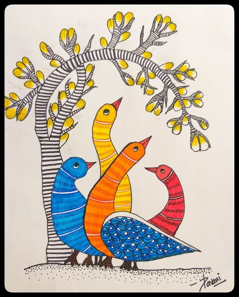 Gond Art Simple, Gond Painting Folk Art Birds, Easy Gond Art, Gond Art Easy, Godna Art, Madhubani Birds, Pithora Painting, Gond Art, Hand Art Kids