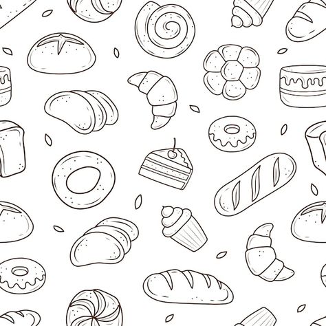 Croissant Doodle, Doodle Black And White, Doodle Cake, Pizza Drawing, Desserts Drawing, Cake Drawing, Cool Doodles, Pattern Stamping, Bread Cake