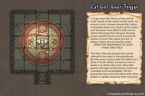 Cat Got Your Tongue [12x8] Dungeon Trap. Can you figure out the solution? : battlemaps Dnd Chainsaw, Dungeon Rooms Dnd, Dungeon Puzzles Dnd, 5e Traps, Dungeon Traps Dnd, Dnd Trap Ideas, Dnd Traps Ideas, Dnd Riddles And Puzzles, D&d Traps