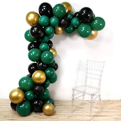 Green Decorations For Birthday, Green Black Gold Balloon Garland, Emerald Green Backdrop With Balloons, Green And Black Birthday Decorations, Dark Green Birthday Decorations, Green Black And Gold Birthday Decor, Black And Green Birthday Decor, Emerald Green Gold And Black Party Decor, Green Graduation Party Ideas