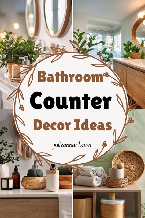 Bathroom Counter Decor Ideas Baskets In Bathroom Decor, Boho Bathroom Counter Organization, Styling A Bathroom Vanity, How To Decorate Shelves In Bathroom, Bathroom Counter Organization Aesthetic, Bathroom Countertop Decor Ideas Master Bath, How To Decorate Bathroom Vanity, Unique Bathroom Decor Ideas, How To Style A Bathroom Shelf