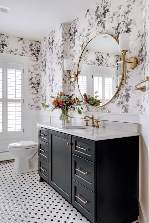 A Black-and-White Bathroom Beauty in Rochester - Midwest Home Black Tan Bathroom Ideas, Black Traditional Bathroom, Boho Bathroom With Black Cabinets, Timeless Black And White Bathroom, Black Vanity Bathroom Ideas Wall Colors, Traditional Small Bathroom Ideas, Basket Weave Tile Bathroom, Moody Vintage Bathroom, Bathroom Decor French Country