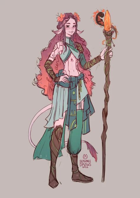 [Art][OC] Ly'naari my Firbolg Wildfire Druid and her fiery friend, Cynder : DnD Half Fairy Half Human, Female Druid Character Design, Dnd Character Druid, Herbalist Character Design, Female Druid Dnd, Firbolg Paladin, Spring Eladrin Female, Dnd Druid Outfit, Sorceress Character Design