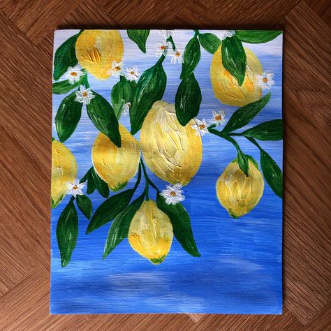 Acrylic painting of a lemon tree with a blue background Painting Ideas On Canvas Lemons, Lemons Painting Acrylic, Simple Lemon Painting, Lemon Tree Painting Acrylic, Acrilic Paintings Lemon, Lemon Painting, Easy Canvas Art, Lemon Tree, Girl Day