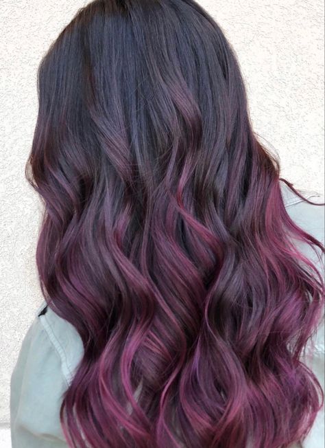 Dark Brown To Burgundy Hair, Brown And Plum Balayage, Brown Hair With Plum Balayage, Dark Brown And Colorful Hair, Dark Brunette Balayage Hair Purple, Reddish Purple Balayage, Dark Brown To Purple Balayage, Dark Hair Purple Balayage, Dark Hair With Fun Highlights