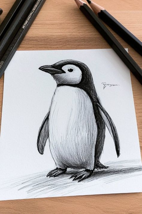 How To Draw A Penguin, Christmas Drawing Ideas Pencil, Draw A Penguin, Animal Sketches Easy, Animals Portrait, Little Sketches, Drawing Grid, Playful Poses, Penguin Drawing