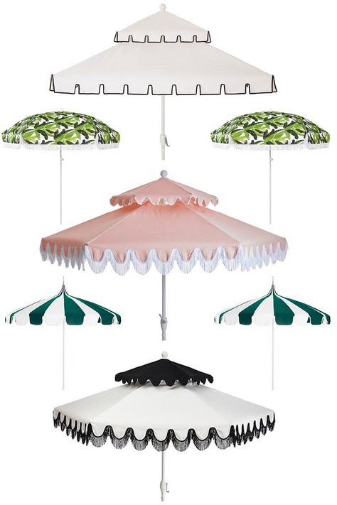 25 Stylish Patio Umbrellas To Make Your Backyard Look Like a Chic Hotel - Kelly Golightly Outdoor Parasol Patio Umbrellas, Tropical Outdoor Patio Decor, Scalloped Umbrella Patio, Palm Beach Pool Decor, Diy Patio Umbrella, Slim Aaron, Pool Umbrella, Stylish Patio Furniture, Shabby Chic Patio