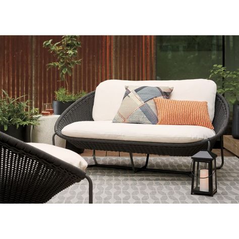 Aldo II Dove Grey Indoor-Outdoor 12" sq. Rug Swatch Metal Candle Lanterns, Patio Loveseat, Relaxing Outdoors, Outdoor Loveseat, Deep Seat Cushions, Crate Barrel, Candle Lantern, Metal Lanterns, White Cushions