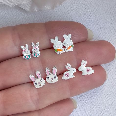 Cute Earrings For Kids, Earrings For Kids, Easter Jewelry Gift For Pierced Ears, Silver Hypoallergenic Kawaii Earrings, Silver Jewelry With Bunny Design For Gift, Bunny Earring, Toddler Jewelry, Bunny Jewelry, Rabbit Earrings