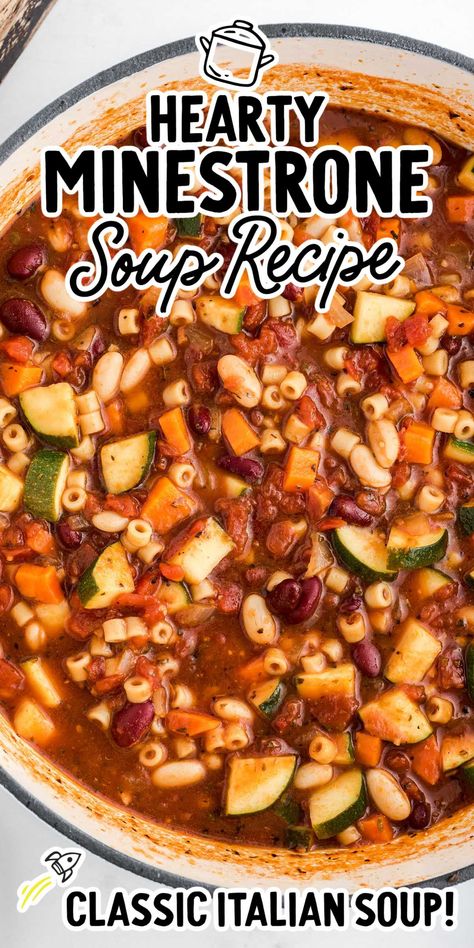 Easy and hearty, this old-fashioned minestrone soup is a homemade classic loaded with veggies and noodles that you will love. Soups Minestrone, Beef Minestrone Soup Recipe, Hearty Minestrone Soup Recipe, Beef Minestrone Soup, Soup With Beef Broth, Veggies And Noodles, Tuscan Soup, Stews And Soups, Minestrone Soup Recipe