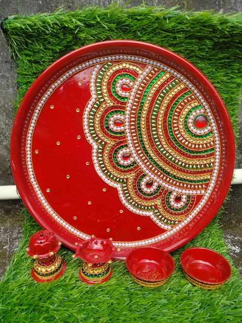 Decorative Thali Set for Festival Season Puja Plate Decoration, Decorative Pooja Thali, Diy Thali Decoration Ideas, Diy Aarti Thali Decoration, Puja Thali Decoration Ideas Home, Wedding Thali Decoration Ideas, Arti Thali Decoration For Wedding, Arathi Plate Decoration For Wedding, Arti Thali Decoration Ideas For Navratri