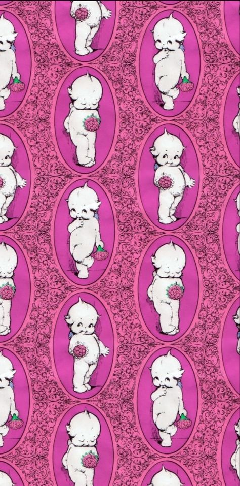 1960s Kewpie Gift Wrap, Phone Wallpaper Vintage Kitsch Wallpaper, Cute Clown Wallpaper Iphone, Ma Cherie Wallpaper, Kitsch Wallpaper Phone, Kewpie Art Wallpaper, Creepy Cute Background, Whimsical Background Wallpapers, Cutesy Wallpaper Iphone, Kewpie Background