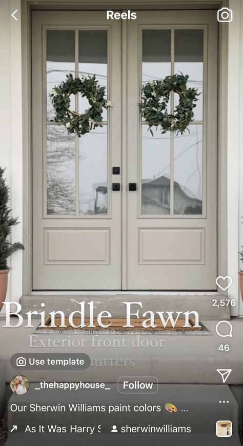 White House Taupe Door, Two Front Doors On House, Front Door Colors Neutral, Best Cream Exterior House Color, Shutter And Door Colors With Tan Siding, White Farmhouse Front Door Color, Taupe Front Door Colors, Tan Front Door Colors, 70s Exterior Remodel