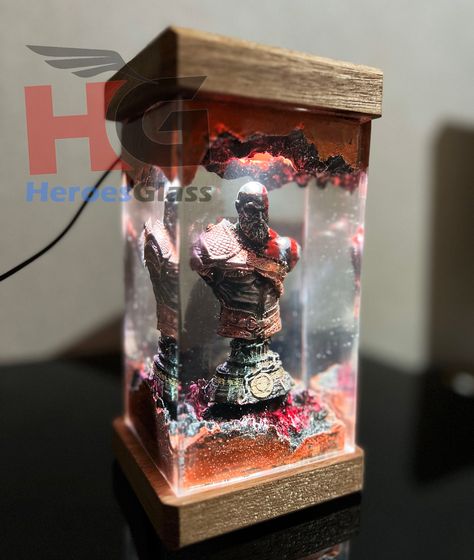 Godofwar Kratos Statue night lamp,  Epoxy Night Light, Custom resin lamp, resin wood lamp, gift for him. The lamp took 7 days to be handcrafted, making it a great gift for you and your loved ones. Each package includes : USB cable - Led: RGB LED 16 colors - Parts: Epoxy resin Completely handmade, there will be an error of 0.5-1cm . in size and shape Please note that all remotes will not come with batteries as required by customs. You may need to purchase batteries separately to use the remote co Kratos Statue, Useful Gadgets, Epoxy Art, Gifts For Hubby, Resin Lamp, 3d Printing Diy, Video Game Rooms, Wood Lamp, Cool New Gadgets