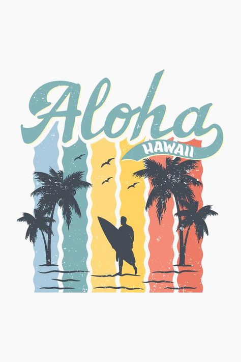 A retro design featuring a man on a beach with a surfboard and a text that reads “Aloha Hawaii”.it makes a great present for any surfer who enjoys adventuring on the Hawaiian islands. Summer Tshirt Designs, Beach Shirt Design, School Spirit Shirts Designs, Hawaii Tshirt, Travel Journal Pages, T Shirt Logo Design, School Spirit Shirts, Shirt Logo Design, Hawaiian Theme