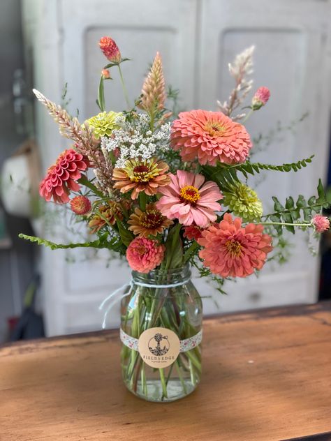 A sweet salmon themed arrangement picked at Fields Edge Flower Farm Sweet Salmon, Jar Flowers, Mason Jar Flowers, Field Flowers, Flowers Arrangements, 50th Wedding Anniversary, 50th Wedding, Flower Farm, Mason Jar