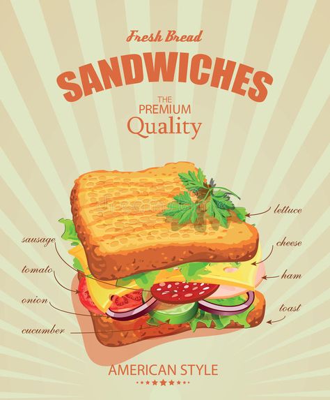 Sandwich Poster In Vintage Style. Stock Vector Retro Diner Decor, Sandwich Poster, Vintage Food Posters, Sandwich Bar, Diner Decor, Poster Vintage Retro, Retro Cafe, Ingredient Labels, American Diner