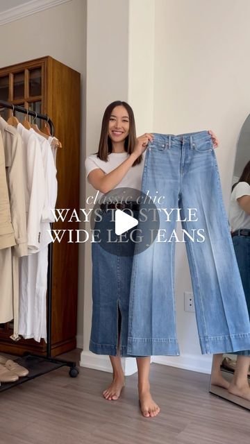 Jasmine Ricks on Instagram: "Ways to style: wide leg jeans [perfect for transitional/fall outfits] • These were a favorite from last year & on sale for the first time ever + fully stocked 🙌🏼 You can comment SHOP below to receive a DM with all outfit details ⬇ https://liketk.it/4NEzn

Office outfits / wide leg jeans / classic style / chic style
 #ltkworkwear #ltksalealert #ltkstyletip" Wide Leg Light Jeans Outfit, Midsize Wide Leg Jeans Outfit, Extra Wide Leg Jeans Outfit, Light Wide Leg Jeans Outfit, Wide Leg Jeans Work Outfit, Wide Leg Ankle Jeans Outfit, Jeans Wide Leg Outfits, Shoes To Wear With Wide Leg Jeans, Outfits Wide Leg Jeans