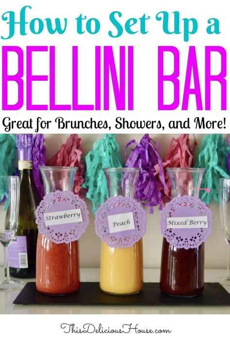 How to set up a Bellini Bar! Move over Mimosa, check out this fun alternative and host a fruit puree and prosecco Bellini bar for your next brunch! #bellinibar #brunchcocktail Bellini Recipe Prosecco, Bellini Bar Ideas, Brunch Ideas For A Crowd, Bellini Bar, Brunch Catering, Shower Appetizers, Baby Shower Ideas For Boys, Parties Food, Bellini Recipe