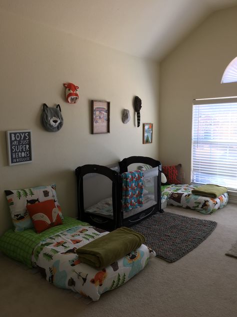 Mom And Toddler Room Ideas Shared, 2 Under 2 Room Sharing, Brother Shared Bedroom Ideas, Sharing A Room With Baby, Shared Baby And Toddler Room, 3 Boys Shared Bedroom, Newborn And Toddler Room Shared, Small Shared Kids Bedroom With Crib, 2 Under 2 Bedroom Ideas