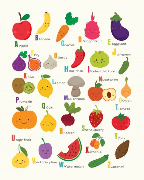 Fruit Alphabet, Risograph Design, Abc Wall Art, Abc Chart, English Sentence, Cvc Words Kindergarten, Kids Vegetables, Vegetable And Fruit, Activity Room