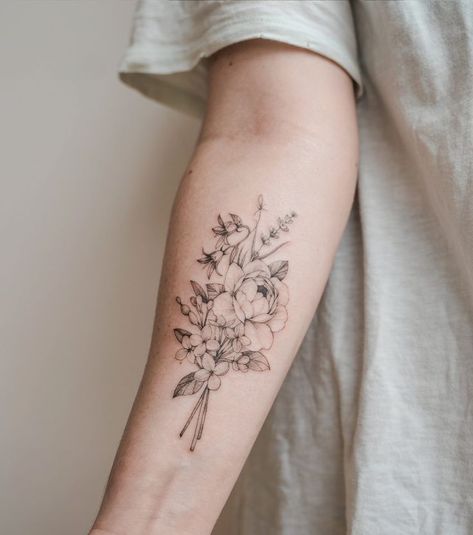 Line Bouquet Tattoo, Fine Line Bouquet, Fine Line Bouquet Tattoo, Black Poppy Tattoo, Paintbrush Tattoo, Peony Flower Tattoos, Delicate Tattoos For Women, Flower Bouquet Tattoo, Floral Tattoo Shoulder