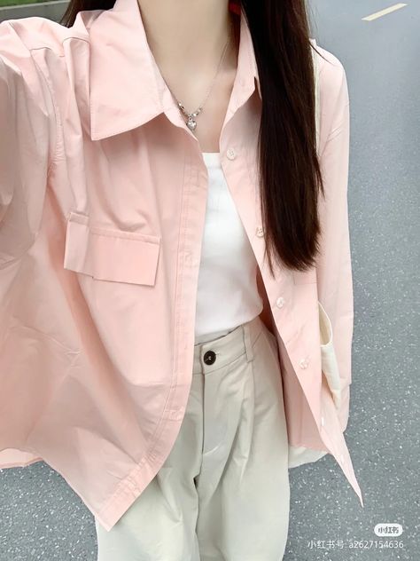 Pastel Style Outfit, White Top Korean Outfit, Pink Cute Outfits Korean, Pink Shirt Korean Outfit, Soft Pink Outfit Korean, Korean White Long Sleeves Outfit, Simple Style Outfits, Korean Casual Outfits, Quick Outfits