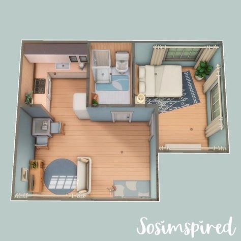 Sims One Bedroom House, Sims 4 Tiny House Ideas Layout, Dims 4 House Ideas, Tiny Living Sims 4 Layout, The Sims 4 Tiny House Floor Plans, Sims Freeplay Beach House Ideas, Sims Beginner House, Sims 4 Small Floor Plans, Sims 4 Houses 1 Bedroom