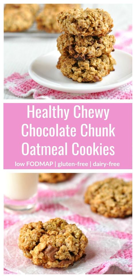 Healthy Chewy Chocolate Chunk Oatmeal Cookies | These low FODMAP cookies are amazing! They're gluten-free, dairy-free and are made with normal ingredients you've probably got in your cupboard right now! They're my favourite low FODMAP snack recipe and I love how they're healthy, too. Only 80 calories each! #LowFODMAPRecipe #LowFODMAPSnack #HealthyCookies Fodmap Cookies, Low Fodmap Snack, Low Fodmap Chocolate, Chocolate Chunk Oatmeal Cookies, Fodmap Baking, Low Fodmap Snacks, Fodmap Snacks, Allergy Recipes, Healthy Sweet Snacks