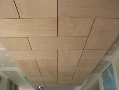 Low Wood Ceiling, Wood Ceiling Modern, Plywood Ceiling, Low Ceiling Basement, Laminate Tile Flooring, Plywood Wall, Small Basement Remodel, Basement Guest Rooms, Acoustic Ceiling Tiles