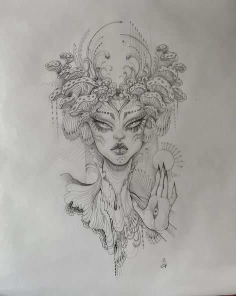 Mycelia | Instagram Drawings Of Goddesses, Greek Goddess Art Drawing, Floral Goddess Tattoo, Greek Goddess Drawing Sketch, Gaia Goddess Drawing, Goddess Drawing, Goddess Tattoo, Cool Tattoo Drawings, Art Poses