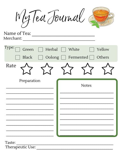 Tea Journal Ideas, Tea Bag Journal Ideas, Herbal Journal Printable, Herb Journal Template Free, Tea Stickers Printable, Tea Journal, Tea Organization, Art Journal Therapy, Tea Tasting