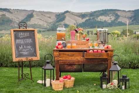 The Apple Cider Bar Is Here, and It's the Best Fall Wedding Trend Yet | Brides.com Apple Cider Bar Wedding, Cider Bar Wedding, Cider Station, Apple Cider Bar, Beverage Display, Gardening Party, Apple Party, Fall Wedding Trends, Cider Bar