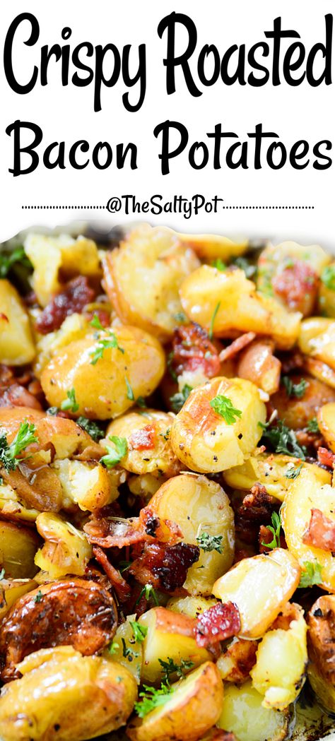 Roasted Bacon Potatoes are a perfect side dish, main dish, one pan dish, for any meal! These savory roasted potatoes are a cinch to make! Perfect for summer's baby potatoes, this vegetable side dish is so delicious, you'll make it again and again. Small Potatoes Recipe, Bacon Side Dishes, Gold Potato Recipes, Pork Side Dishes, Hamburger Side Dishes, Potato Recipes Crockpot, Baked Red Potatoes, Baby Potato Recipes, Bacon Potatoes