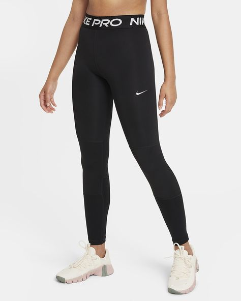 Nike Pro Dri-FIT Older Kids' (Girls') Leggings. Nike UK Nike Pro Leggings Outfit, Black Nike Pros, Nike Pro Leggings, White Kicks, Leggings Nike, Gym Fits, Legging Outfits, Nikes Girl, Nike Leggings