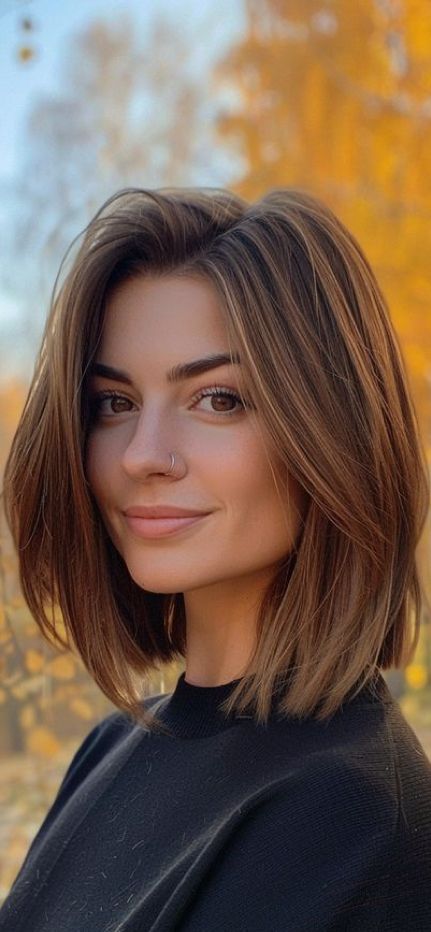 Medium Short Straight Haircut, Short Haircut Ideas For Straight Hair, Strait Hair Haircut, Short Hair Brown Highlights, Face Shape Guide Hairstyles, Below Collar Bone Length Hair, Brown Lob With Highlights, Light Brown Bob Haircut, Medium Long Bob Hairstyles