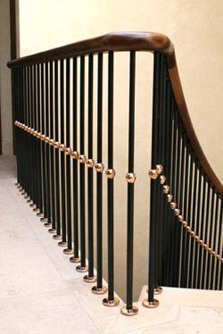 Bright steel balustrade with polished brass turnings and hardwood handrail Walnut Staircase, Walmart Kitchen, Balustrade Design, Steel Railing Design, Interior Stair Railing, Staircase Interior Design, Steel Balustrade, Modern Stair Railing, Bespoke Staircases