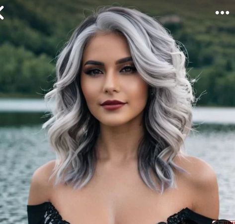 Reverse Shadow Root, Gray Biolage Hair, Gray And White Hair Color, Platinum Silver Hair Highlights Going Gray, Hair Color For Covering Gray, Platinum Silver Hair Highlights, White Hair With Black Tips, Gray Balayage On Dark Hair, Ashy Platinum Blonde Hair