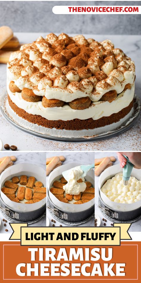 Cheesecake Factory Copycat Recipes Tiramisu, No Bake Cheesecake Trifle, Cheesecake With Cake Base, Tiramisu Cheesecake No Bake, Marscapone Cheesecake Recipes, Terimisu Cake, Tiramisu Decoration Ideas, No Bake Tiramisu Cheesecake, Easy No Bake Cake