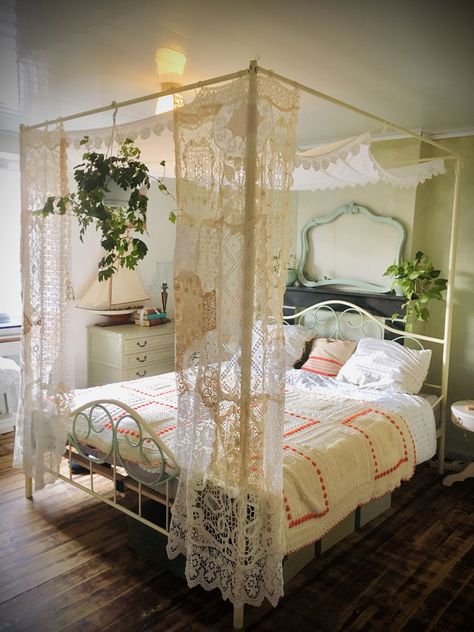 . #nursery #room #nurserydecor #baby #bedding #babyboy #pillows #canopy 4 Poster Bed Aesthetic, Poster Bed Ideas Decor, Poster Beds With Curtains, Four Poster Bed Ideas Bohemian, Lace Canopy Over Bed, Canopy Bed Ideas Plants, Fake Four Poster Bed, Canopy Boho Bedroom, 4 Poster Bed With Curtains