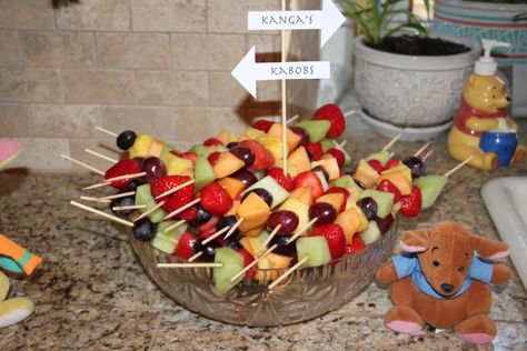 Kanga's Kabobs. We also found an idea for Piglets in a blanket, but that seemed a little morbid albeit humorous at the same time. Kanga And Roo Themed Food, Pooh Bear Themed Food, Winnie The Pooh Food Ideas, Piglet Birthday, Baby Shower Girl Diy, Baby Shower Fruit, Baby Gender Reveal Party Decorations, Pooh Party, Pooh Birthday